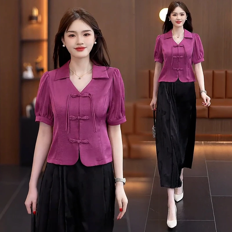 时尚国风盘扣短袖衬衫女2025年夏季新款新中式小个子百搭显瘦上衣