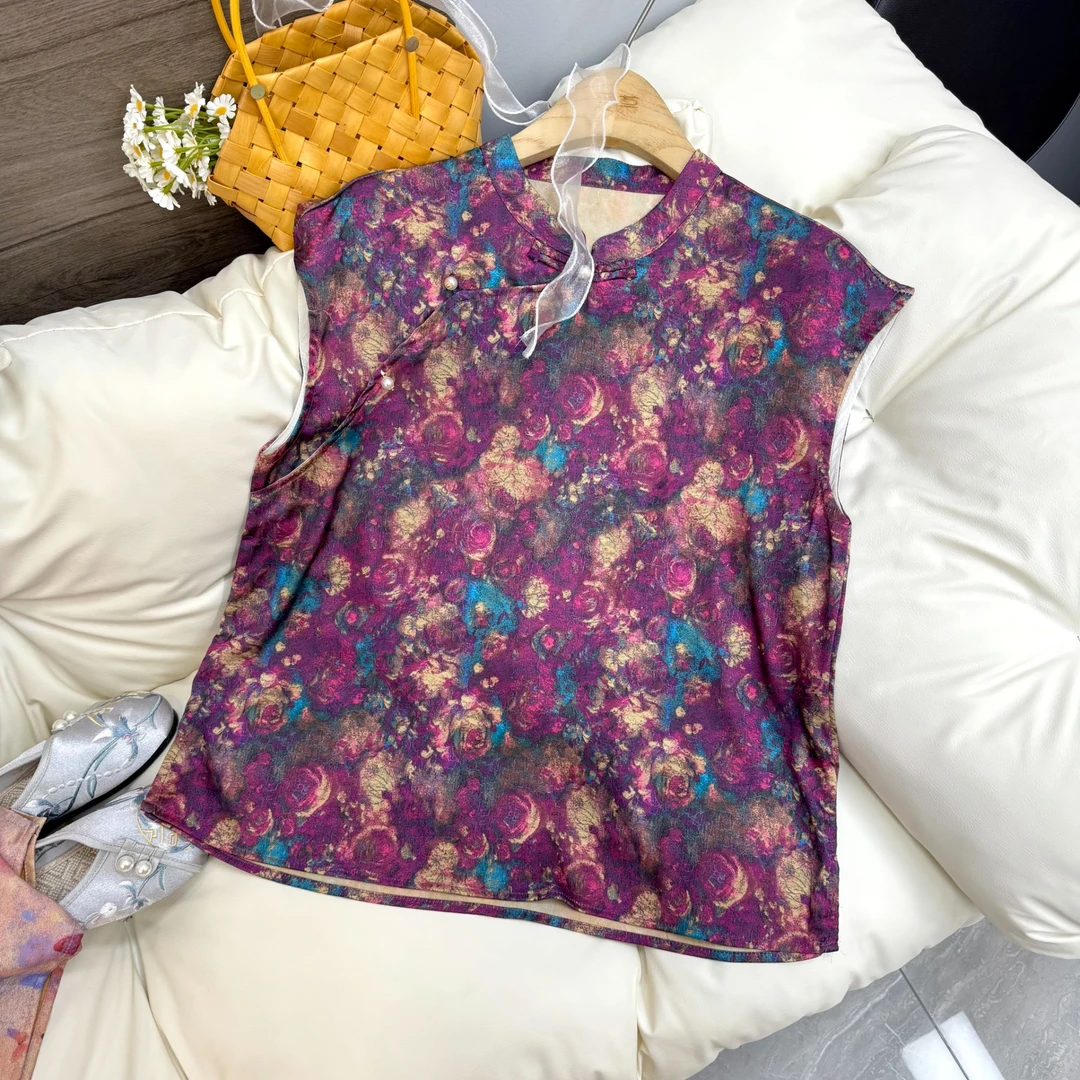 【紫玫】麻暗色繁花春夏衬衣