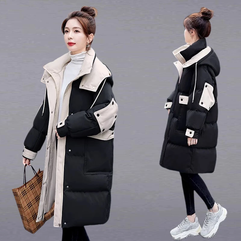 羽绒棉服中长款女生冬季2025年新款拼色保暖爆款连帽大袄加厚外套