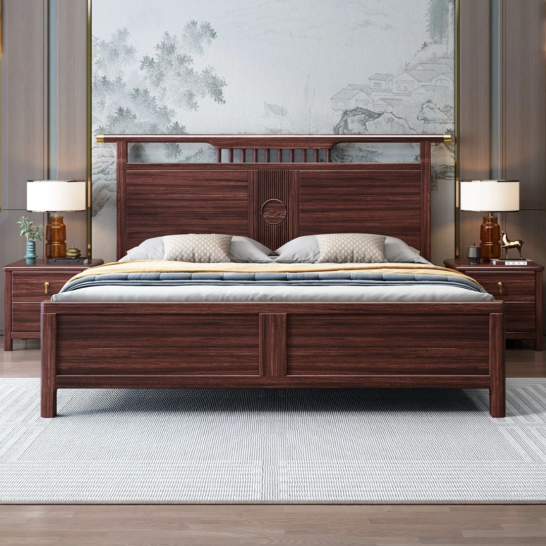 新中式轻奢乌金木床实木1.5/1.8米单双人床主卧室大床官帽床满铺