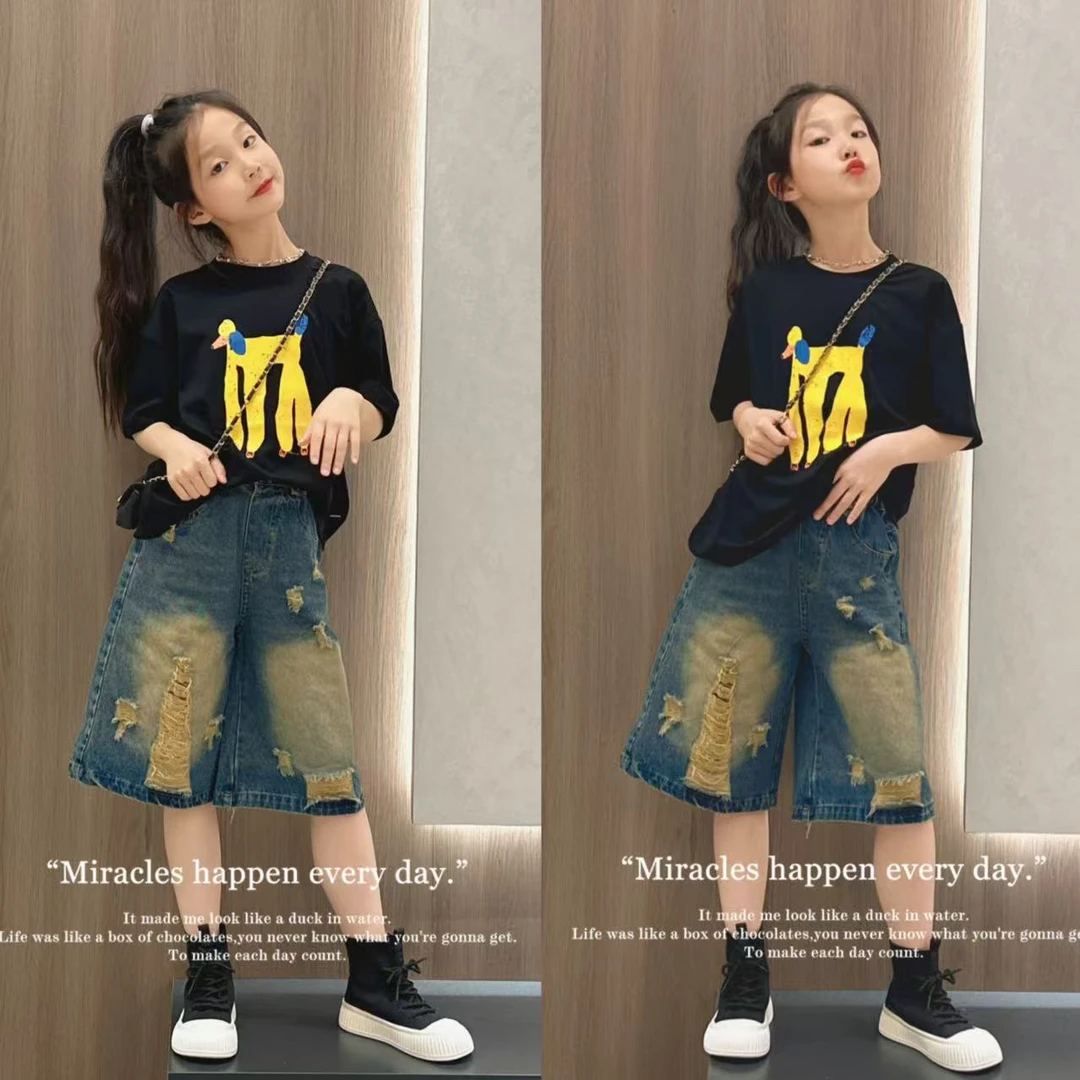 女童美式潮酷范儿短袖上衣卡其休闲裤子2025夏季潮酷