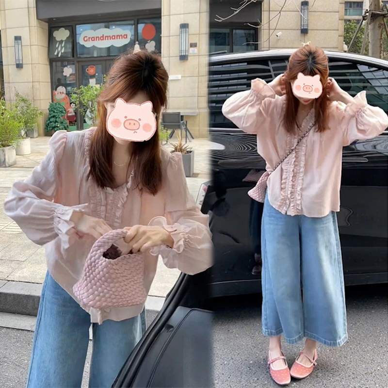 法式甜美木耳边粉色v领长袖衬衫女春夏季新款设计+牛仔裤套装女潮
