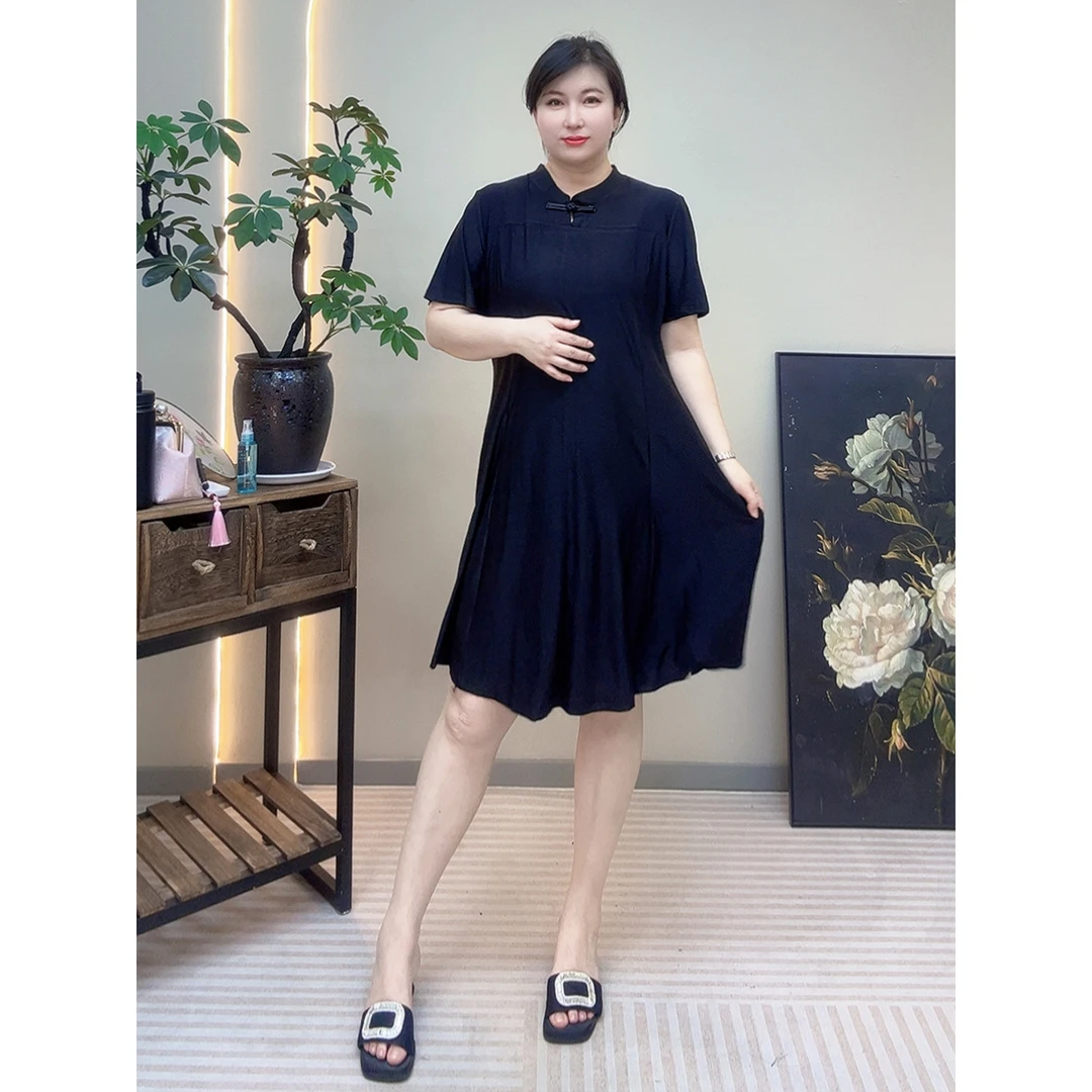 【胡小肥】12冰丝弹力旗袍裙831显瘦气质时尚百搭简约黑色清凉舒适