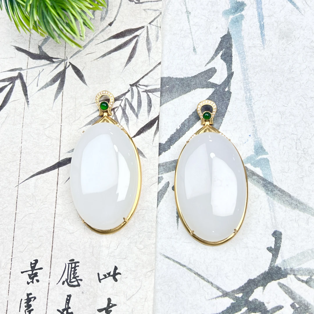JYZ6和田玉白玉羊脂白蛋面18k金镶吊坠24*39mm+多样性发其一