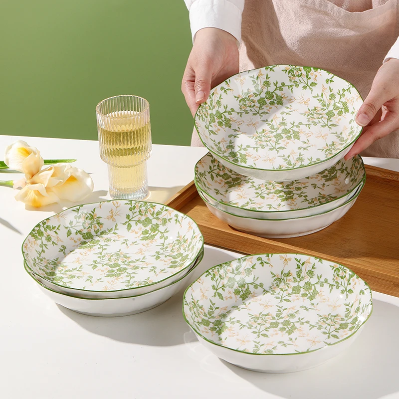 6个装8英寸铃兰花开盘子骨瓷釉下彩工艺