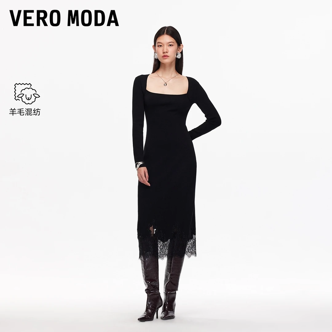 Vero Moda连衣裙女2025秋冬新款含绵羊毛蕾丝拼接针织裙325446018