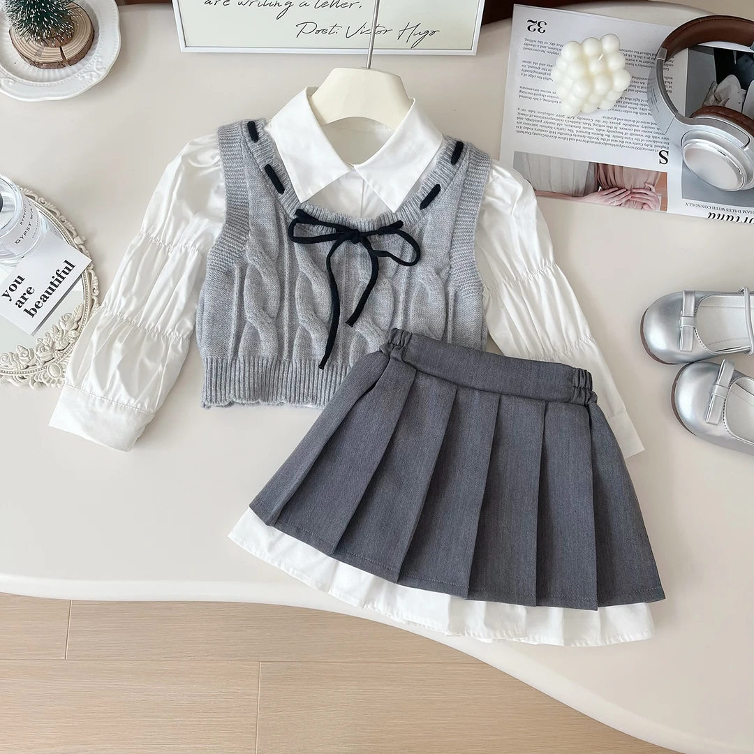 【现货】女童秋款学院风ins套装女宝洋气衬衫马甲裙子三件套Q67521
