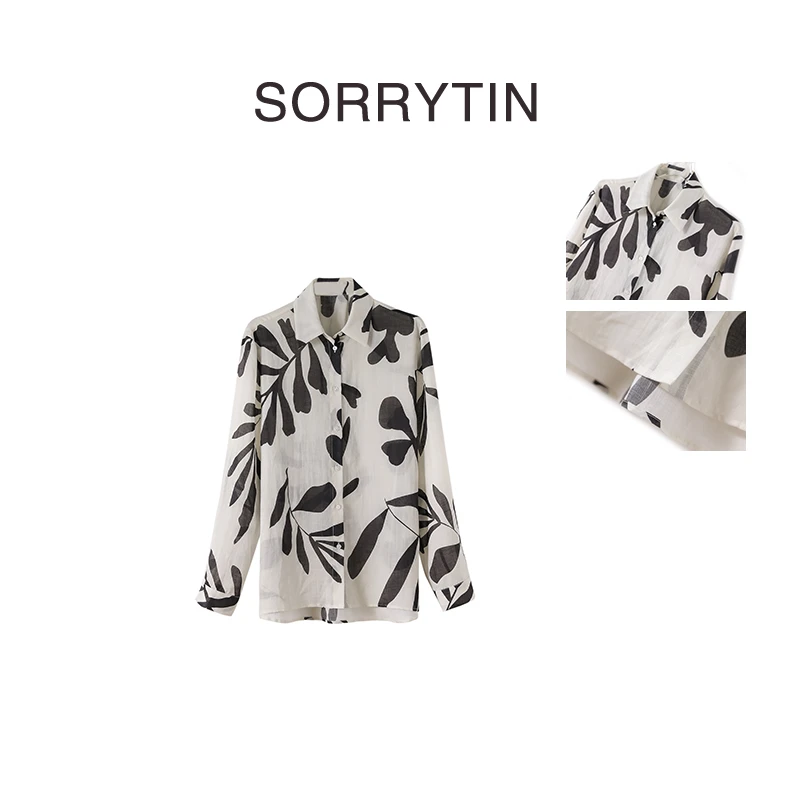 《大岛浪漫》SORRYTIN 法式独家浪漫 棕榈叶印花轻薄细腻苎麻衬衣