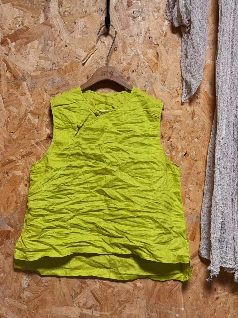 AS2038胭絮-精致盘扣小圆边亚麻马甲