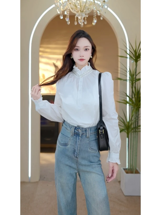 C008 春季新款重工钉珠领口气质设计款长袖衬衫上衣女小众