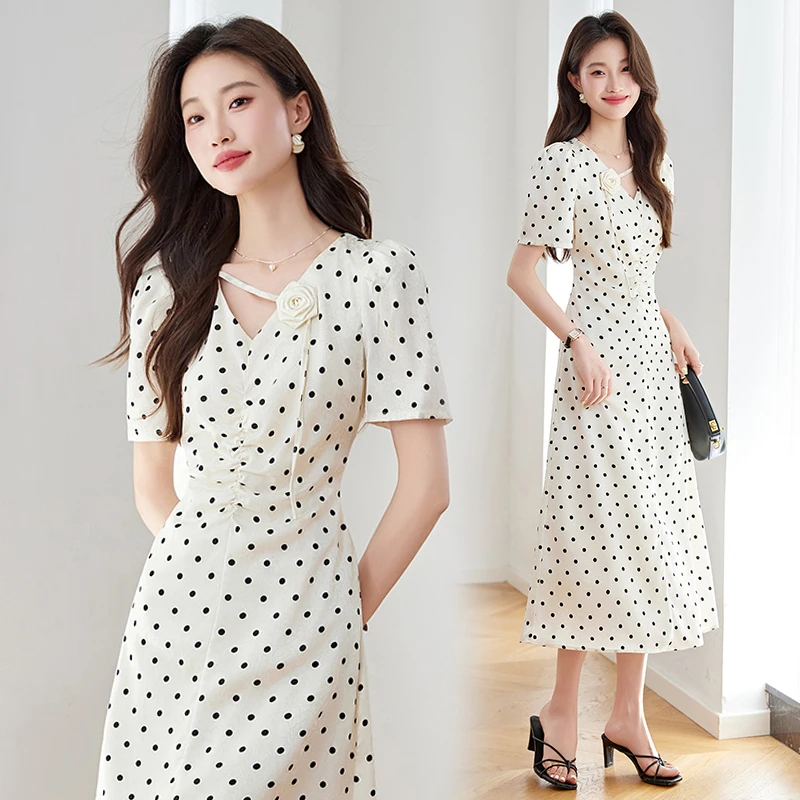 温柔风波点蕾丝拼接设计感短袖连衣裙夏季复古高级感修身显瘦长裙