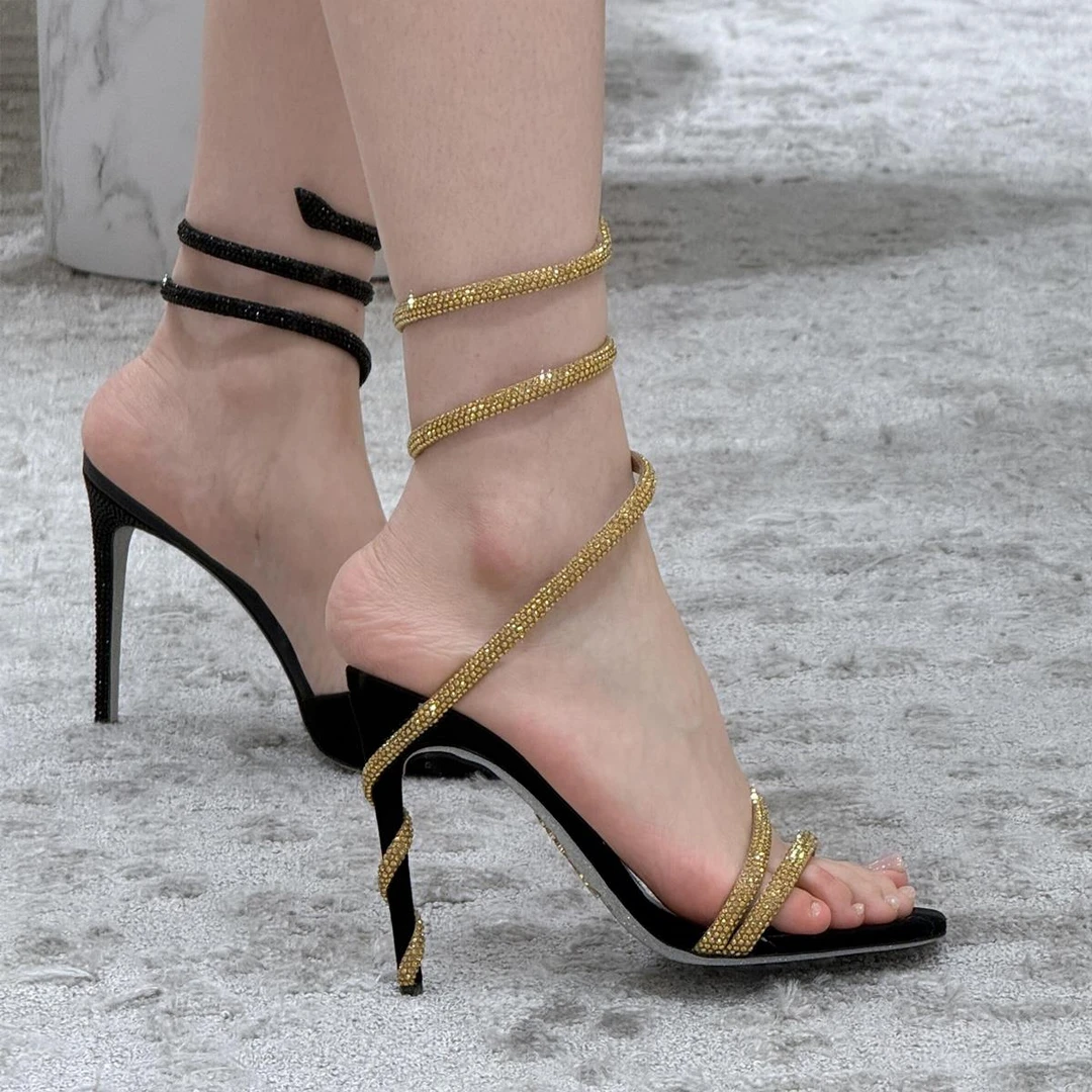 【高奢&达人款】窒息美！水钻蛇形缠绕一字带凉鞋女2025夏露趾细