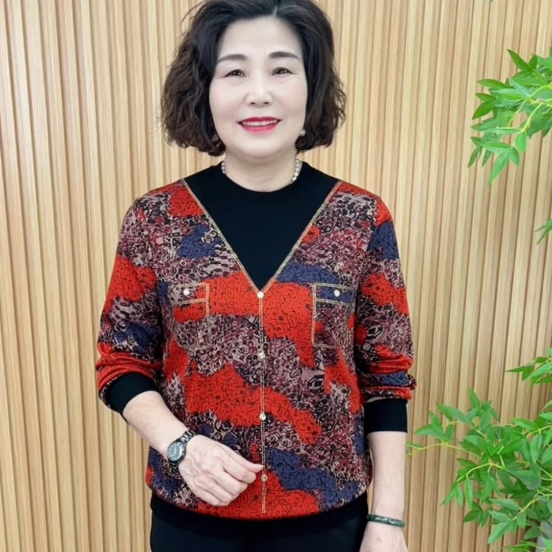 长袖抗皱V领拼色遮肚宽松长袖T恤时尚针织妈妈装洋气V8918