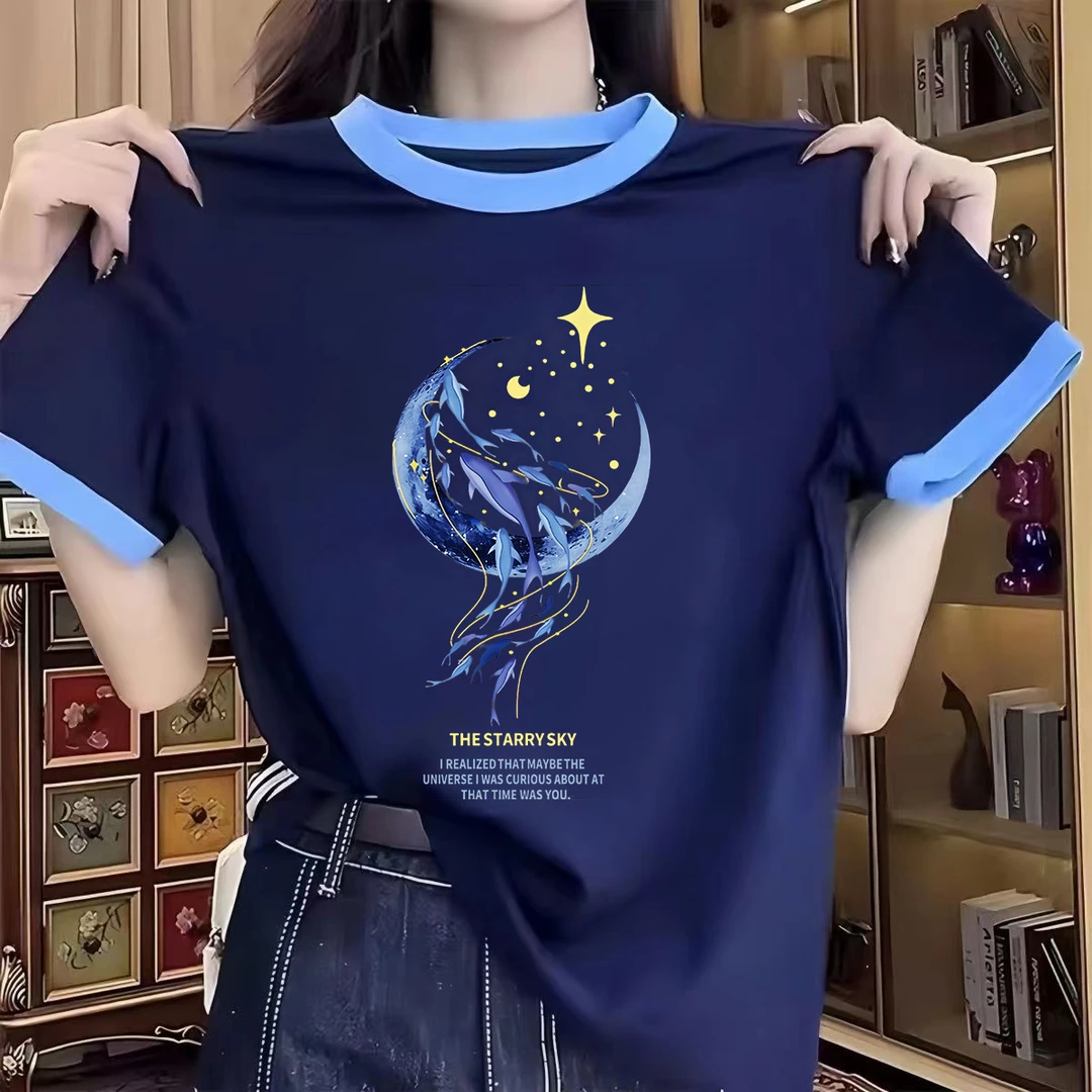 撞色拼接短袖t恤女夏季新款宽松休闲显瘦遮肚子圆领大码体恤上衣