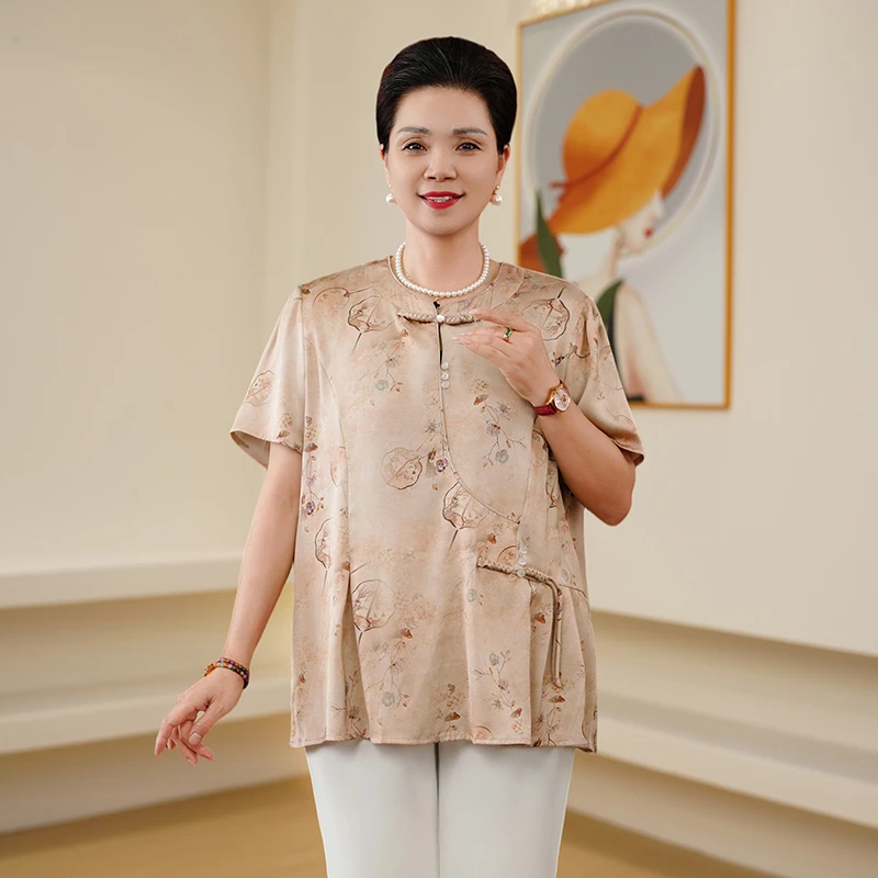 洋气母亲衣服夏季新中式圆领套头国风T恤阔太太时髦服装短袖女装