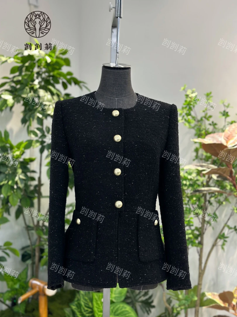 剀剀莉 冬季新款（鎏金暮色）黑色圆领显白修身保暖小香风外套0-15