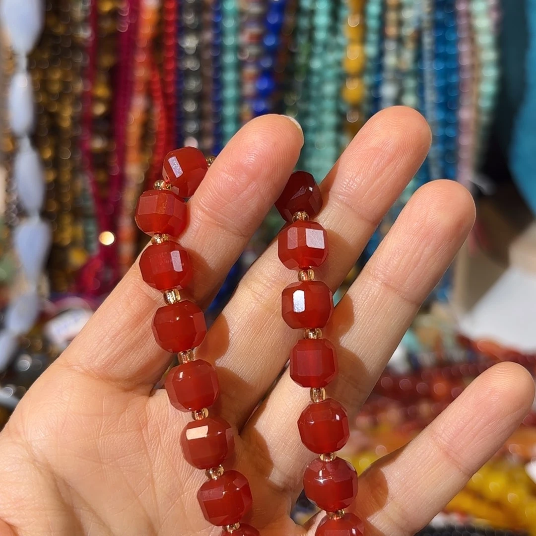 玛瑙/玉髓银S925镀金镶嵌珠宝半成品红玛瑙卡10方糖一条