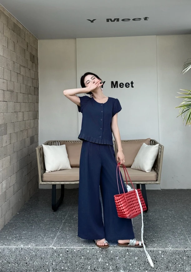 【肉总】高端花边短袖小衫搭配直筒裤时尚套装21766