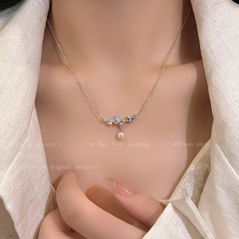坠链均925银锆石 S925银幻彩蝴蝶项链女甜酷轻奢高级锁骨链YS156