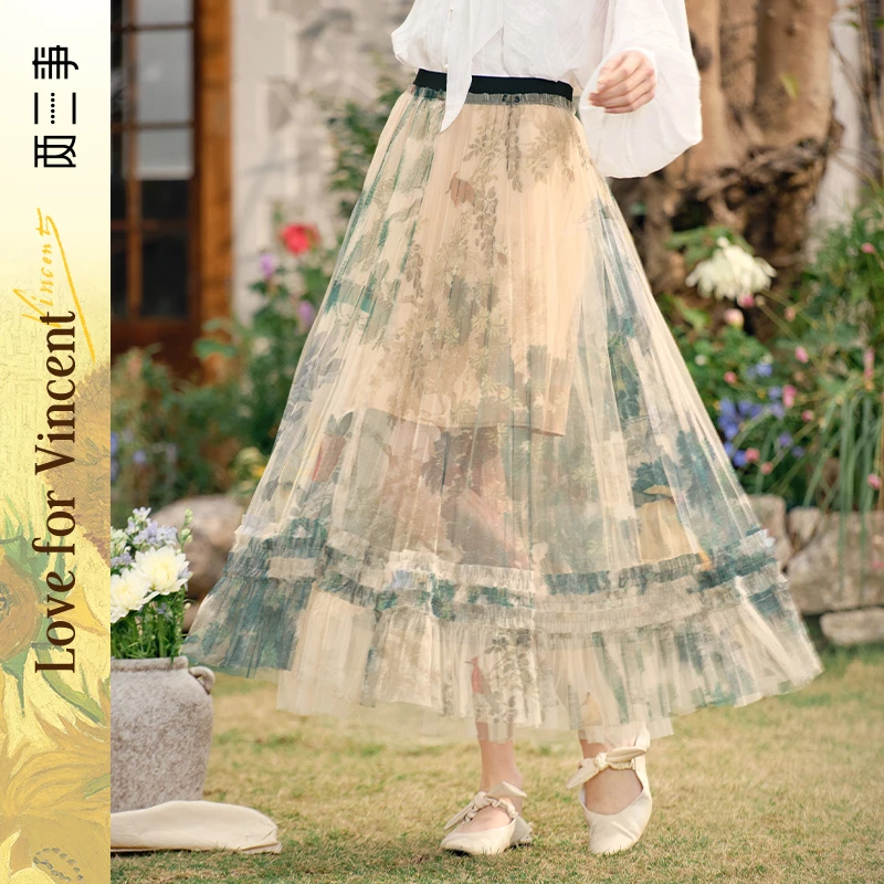 两三事梵高文艺花影入墨印花透视网纱半身裙S25CKB467