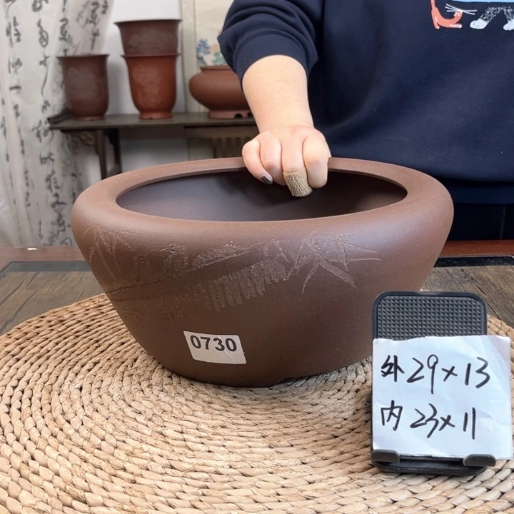 紫砂花盆紫玉金砂芭蕉刻绘大窝口0730