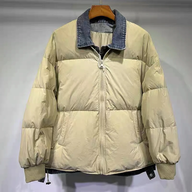 男士冬季翻领牛仔拼接假两件羽绒服8-676