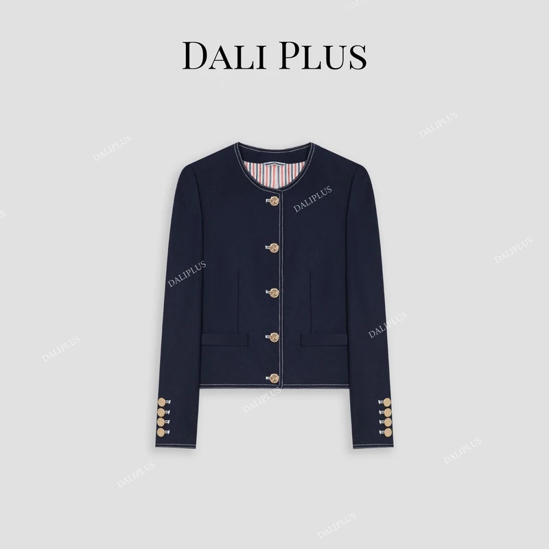 DALI PLUS高奢线 经典藏青色羊.毛三色条纹压线西服外套-D4TY0086