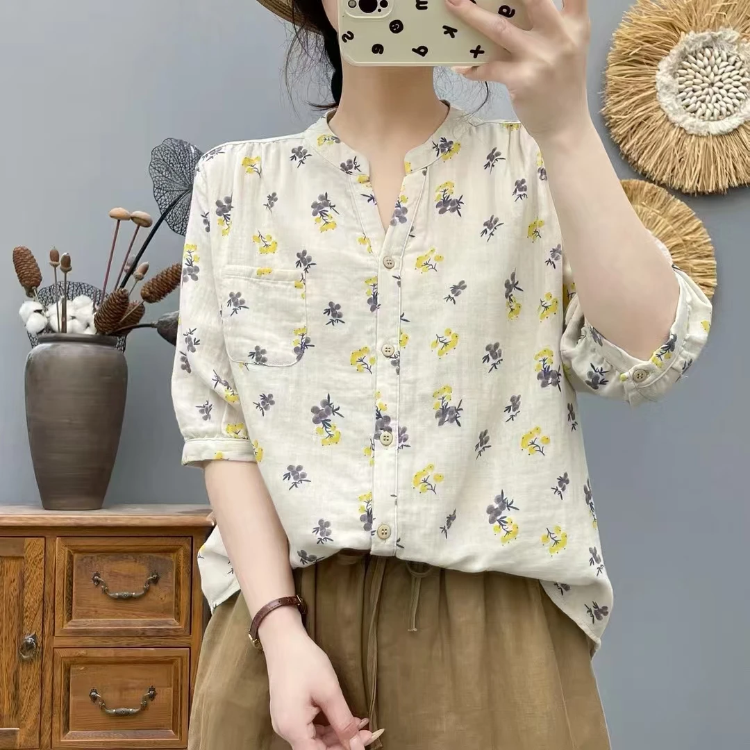 2025夏季新款五分袖棉纱印花衬衫女透气吸汗上衣6541