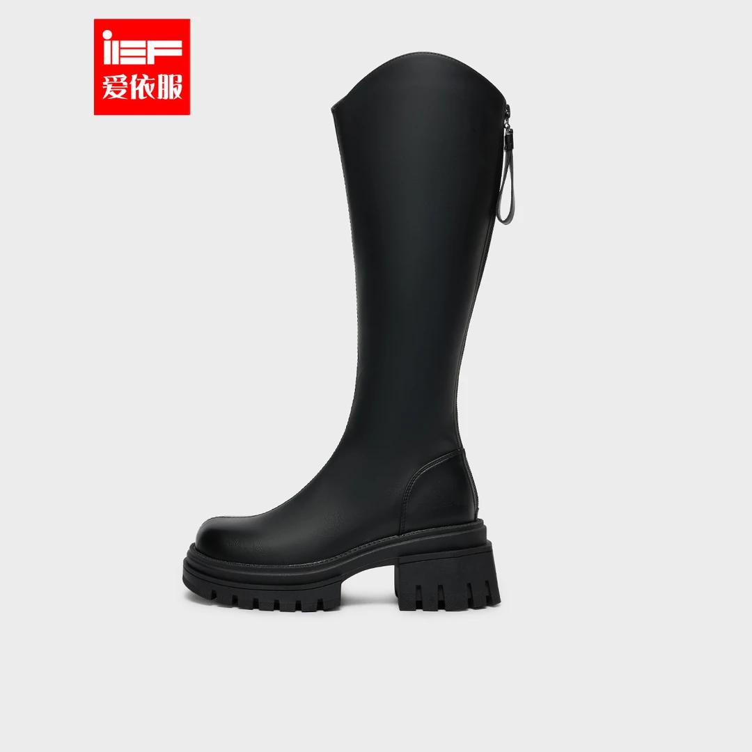 IEF/爱依服2025冬季新款粗跟圆头厚底长靴时尚百搭V口显瘦骑士靴