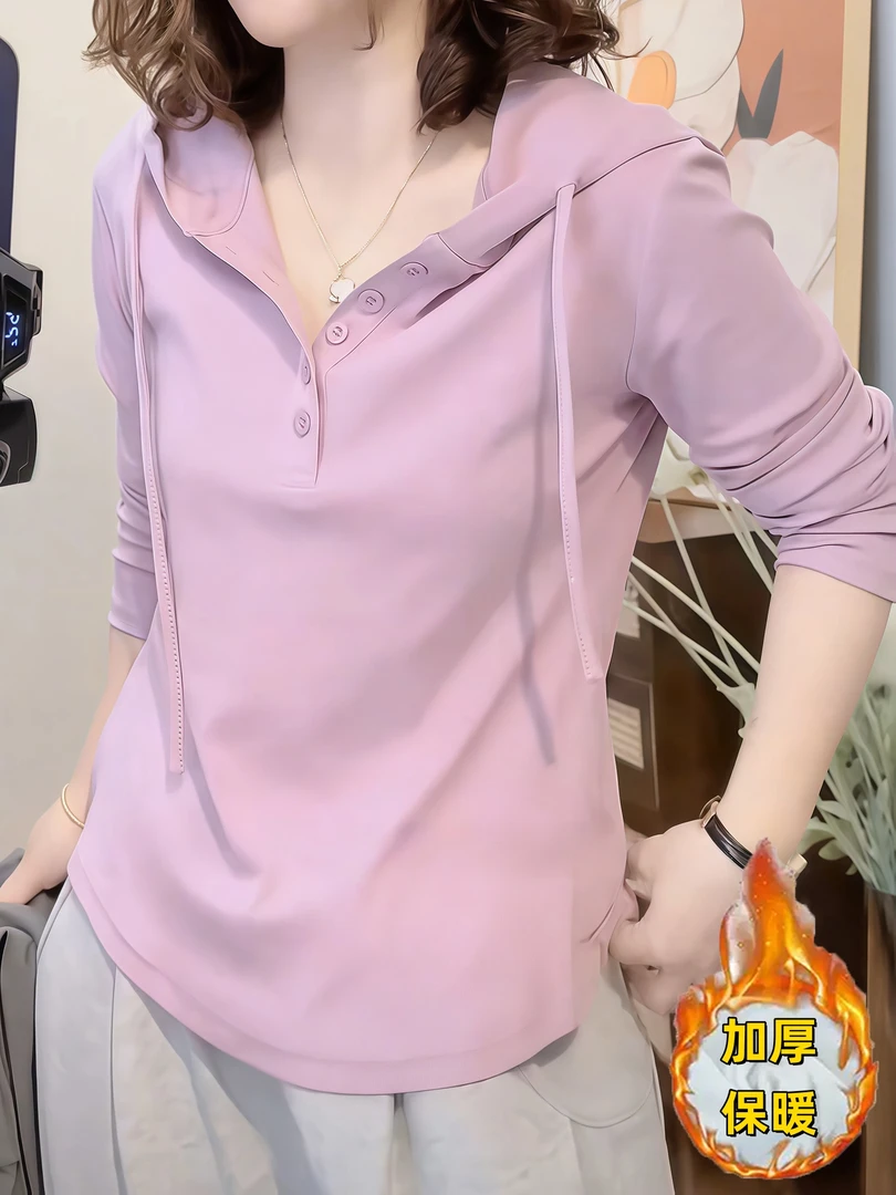 加厚德绒纽扣连帽卫衣女款秋冬季大码宽松保暖打底衫时尚洋气上衣