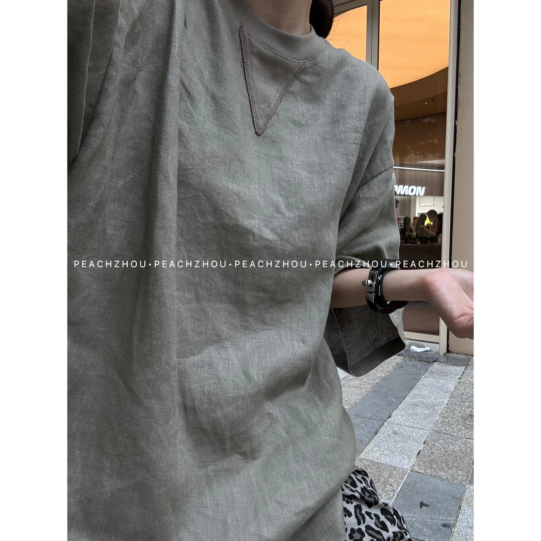 『PEACHZHOU』前三角贴布亚麻宽松圆领短袖休闲透气老钱情侣T恤