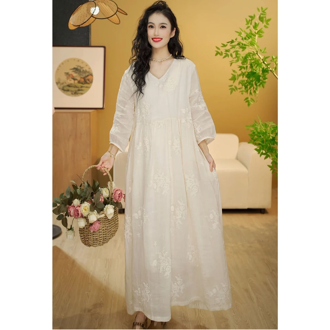 8801纯色苎麻满绣气质宽松连衣裙夏季日常复古显瘦女装半袖连衣裙