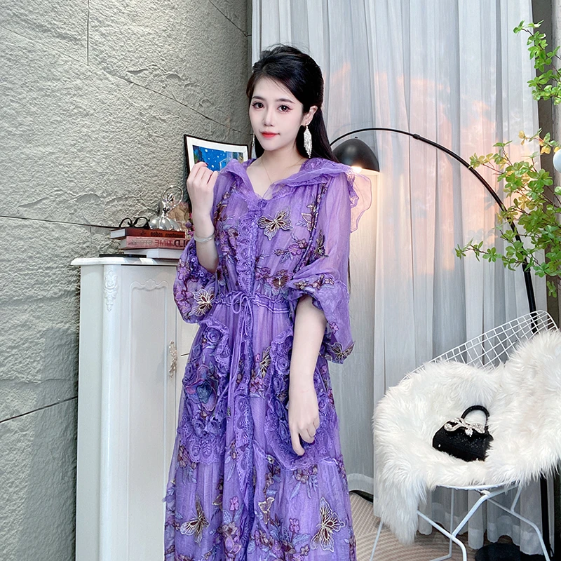 2025春新款连帽桑蚕丝蝴蝶刺绣中长款外套L8138蝴蝶紫色