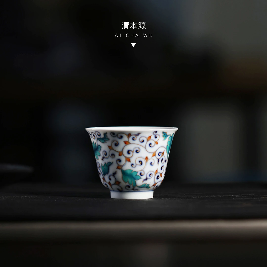 清本源茶具内模印双龙斗彩金枝玉叶铃铛杯70ml品茗杯手工薄胎陶瓷