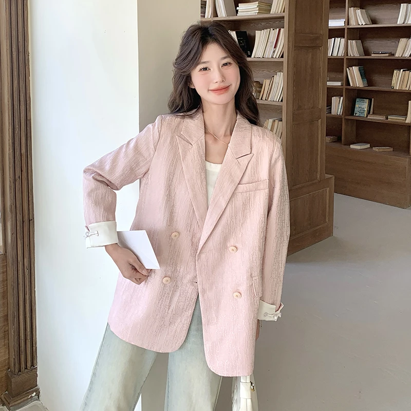 粉色国风西装毛呢外套女春秋2025新款新中式西服爆款设计感洋气