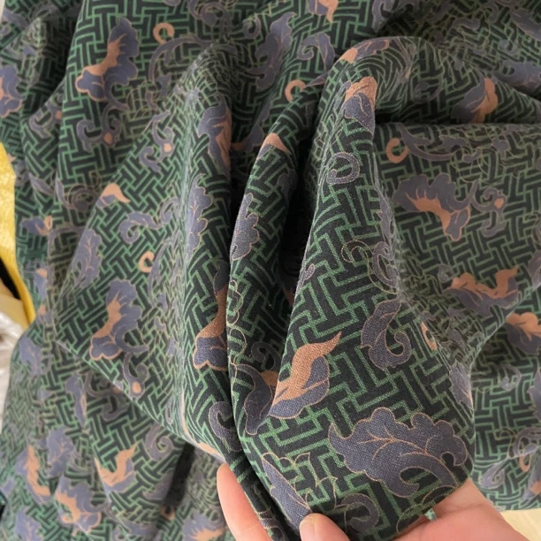 明星同款万寿牡丹纹香云纱布料绿色真丝绢纺面料100桑蚕丝高档布