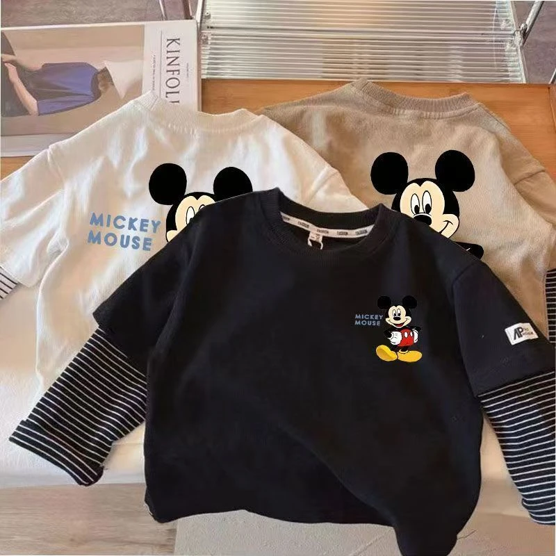 新款男童女童春秋季假两件卡通米奇潮流百搭外穿新款洋气宽松上衣