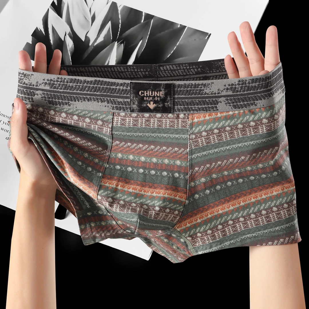 蔚影男士内裤男款民族风潮流平角裤95%棉透气四角裤头中腰短裤衩