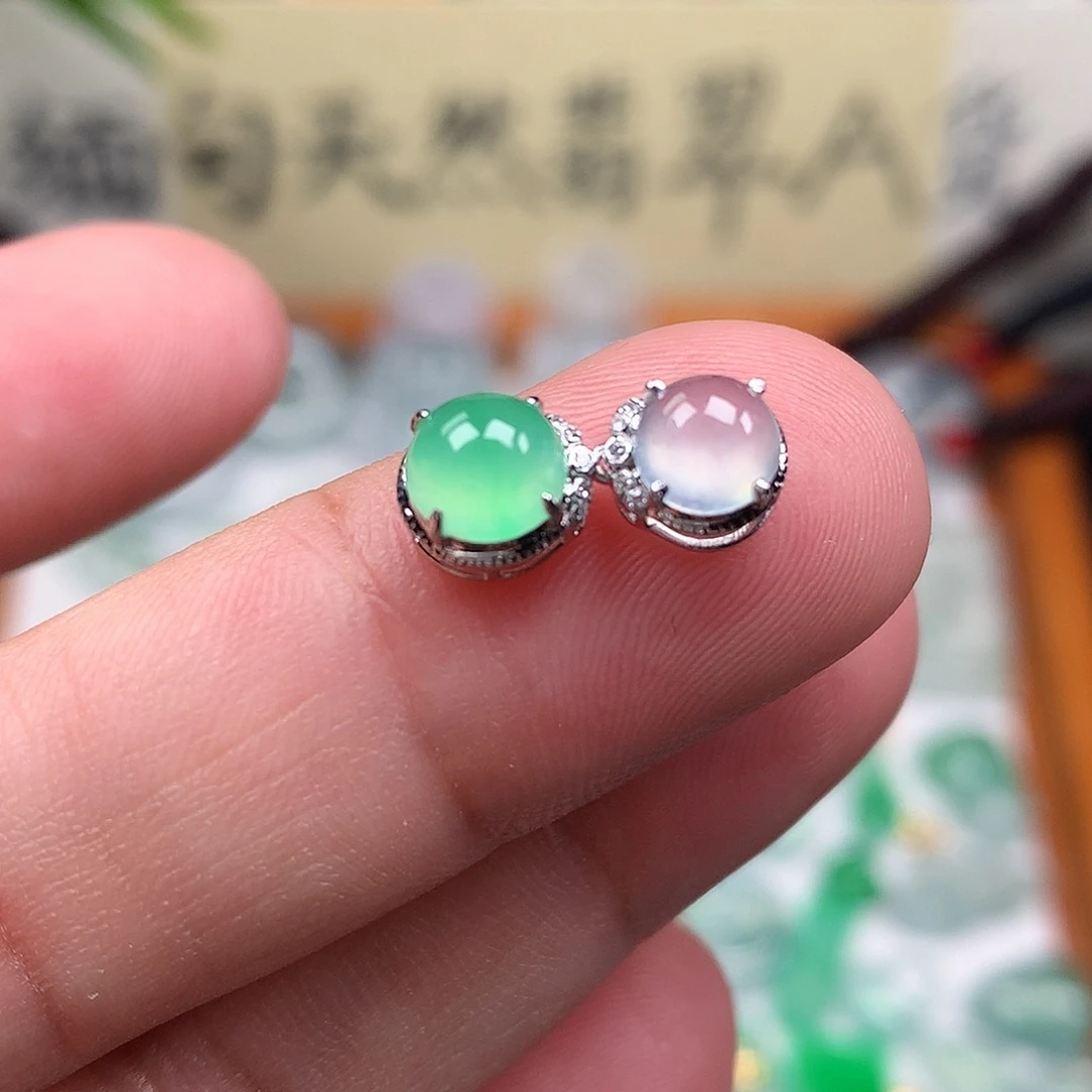 翡翠散珠18K金镶嵌缅甸天然A货翡翠冰种蛋面