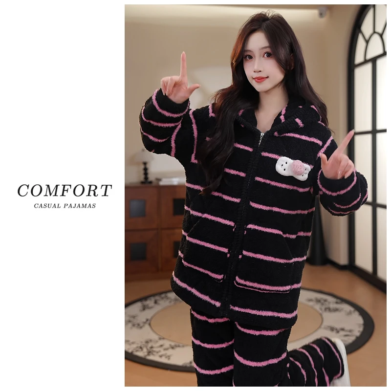 Nuodun/诺盾冬季爆款三层夹棉加厚睡衣女保暖条纹甜美家居服套装