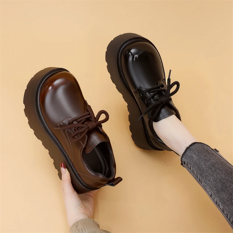 欧货7CM松糕底单鞋女2025年春季新款系带时尚减龄甜酷软底乐福鞋