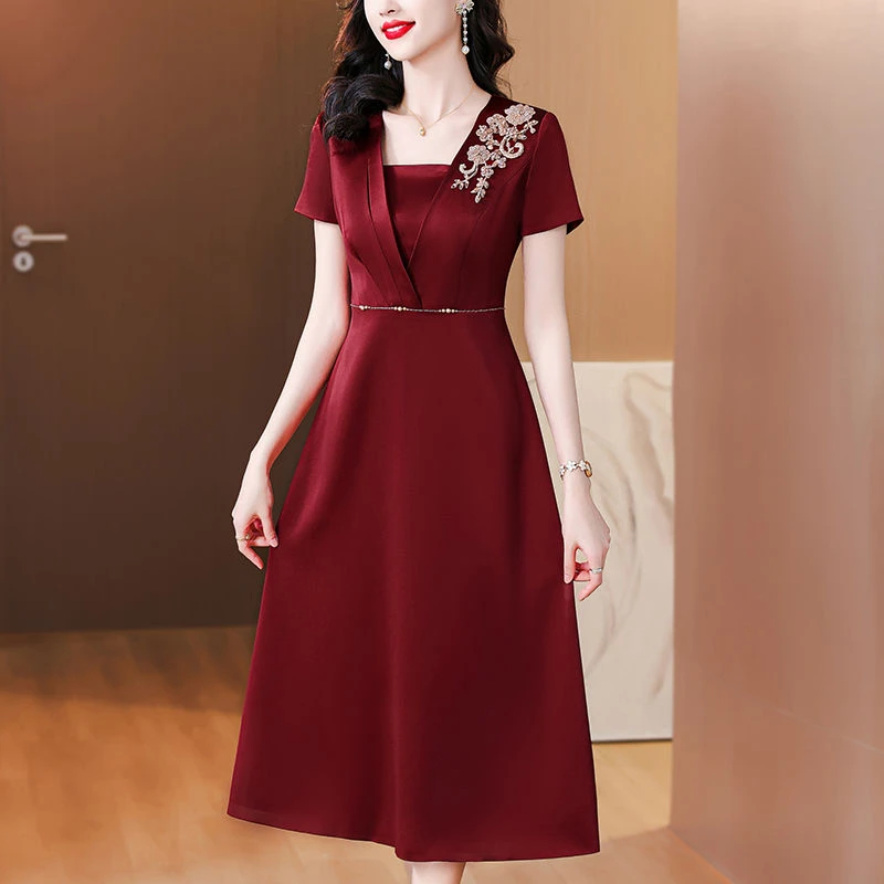 醋酸缎礼服婚礼妈妈礼服2025新款高端喜婆婆婚宴装小个子连衣裙女