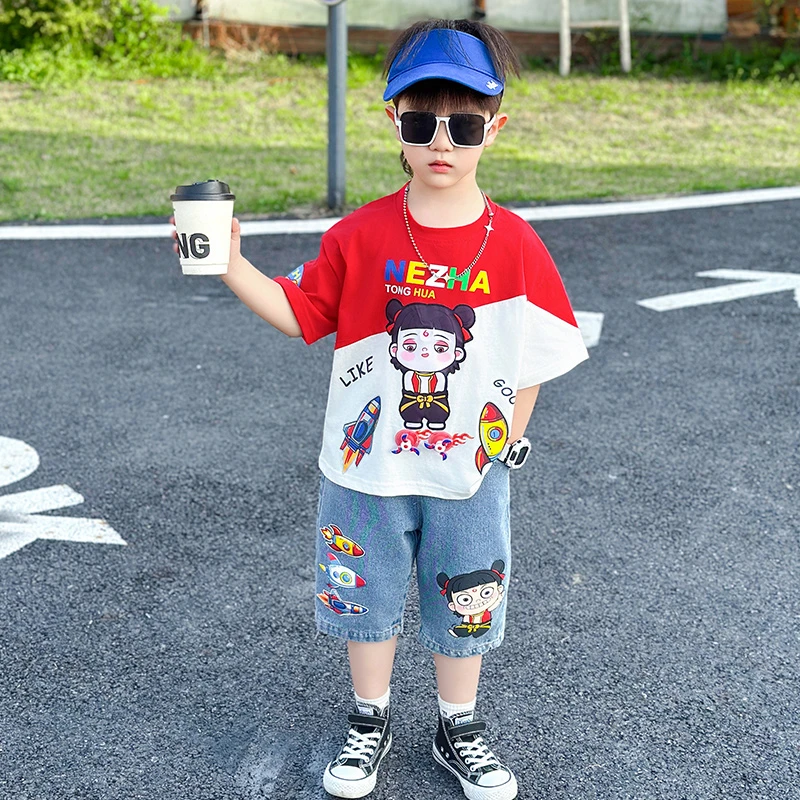 哪吒衣服2025新款男童夏季套装宝宝短袖帅气潮酷网红男孩儿童服装