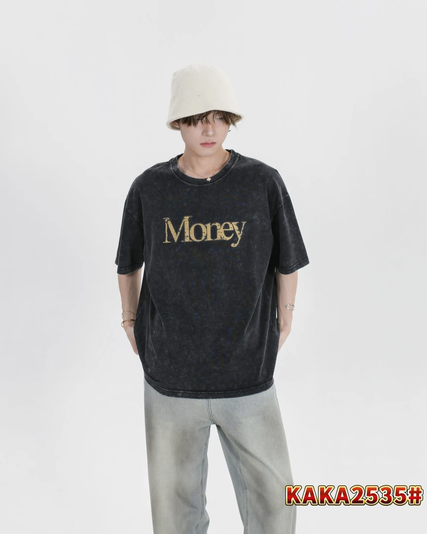 美式复古水洗做旧高街风Money宽松印花240g短袖T恤 2535