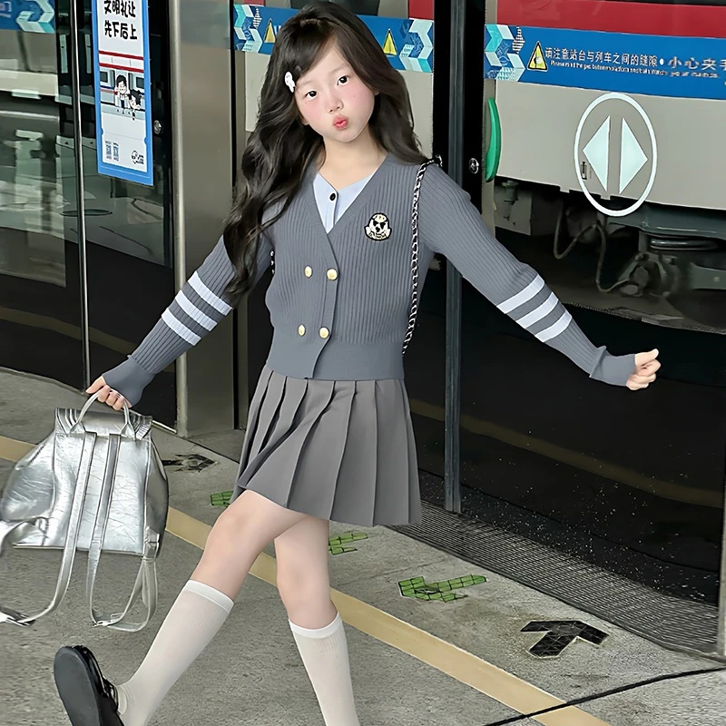 女童学院风套装秋装2025新款儿童服装洋气针织假两件毛衣两件套潮
