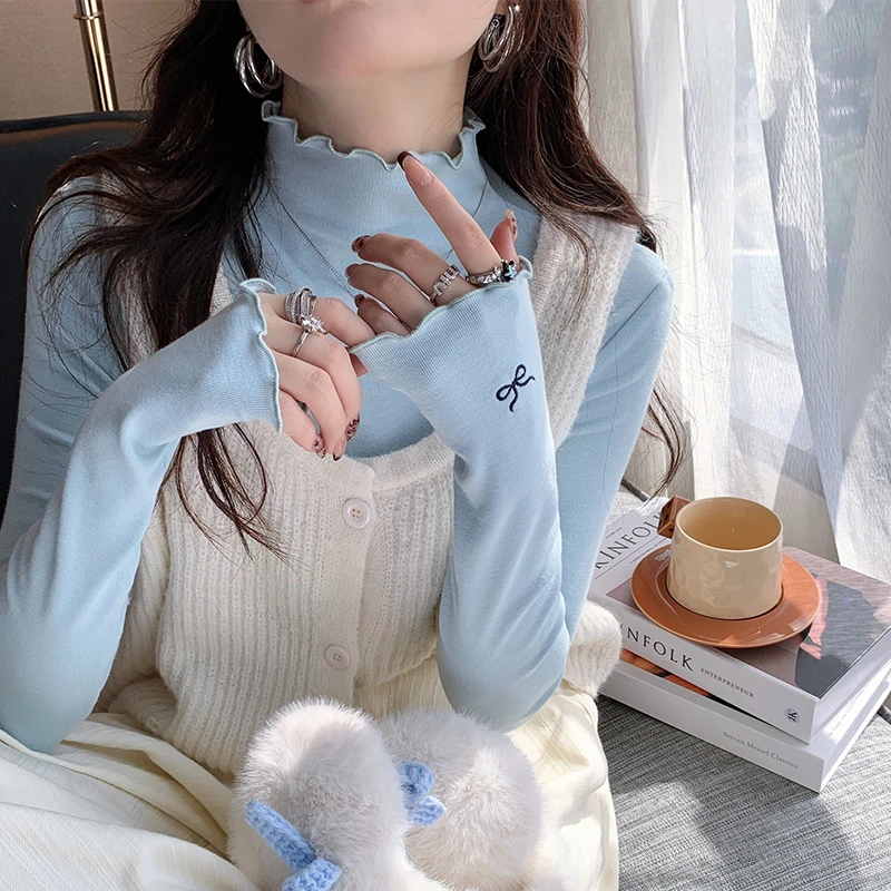 木耳边半高领打底衫女春秋冬内搭2025新款蓝色高级感中领长袖上衣