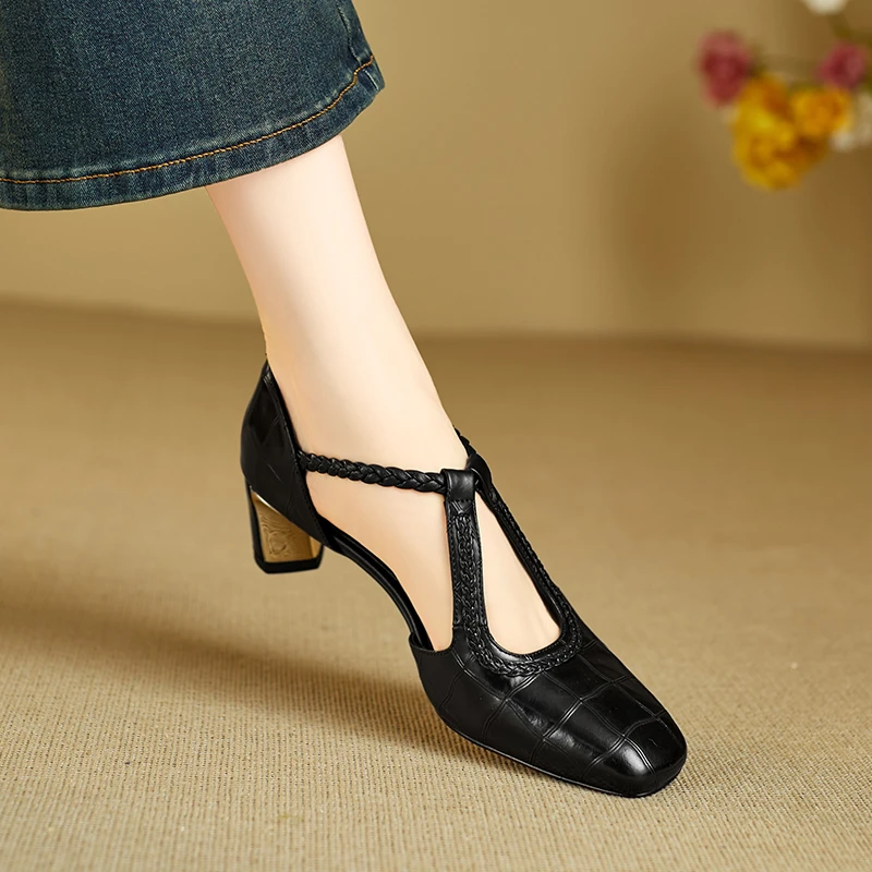 羊皮+3/5CM包头凉鞋女真皮粗跟编织一字带镂空罗马高跟鞋夏季新款