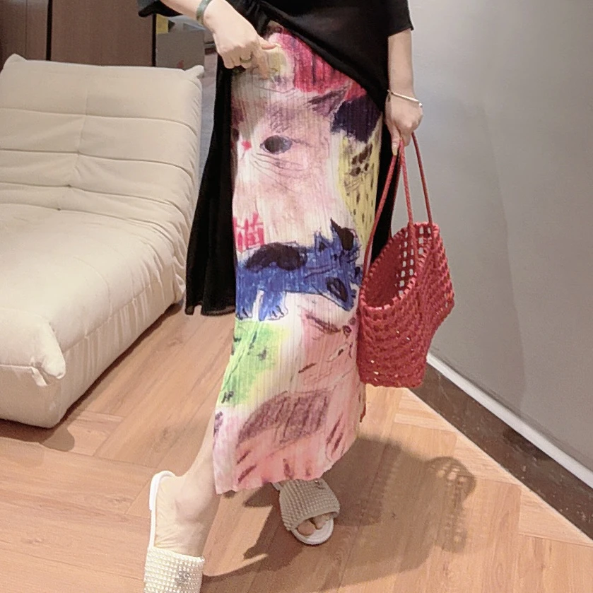 Chouduoduo·夏季女款猫咪印花高工艺褶皱开叉压褶显瘦半身裙