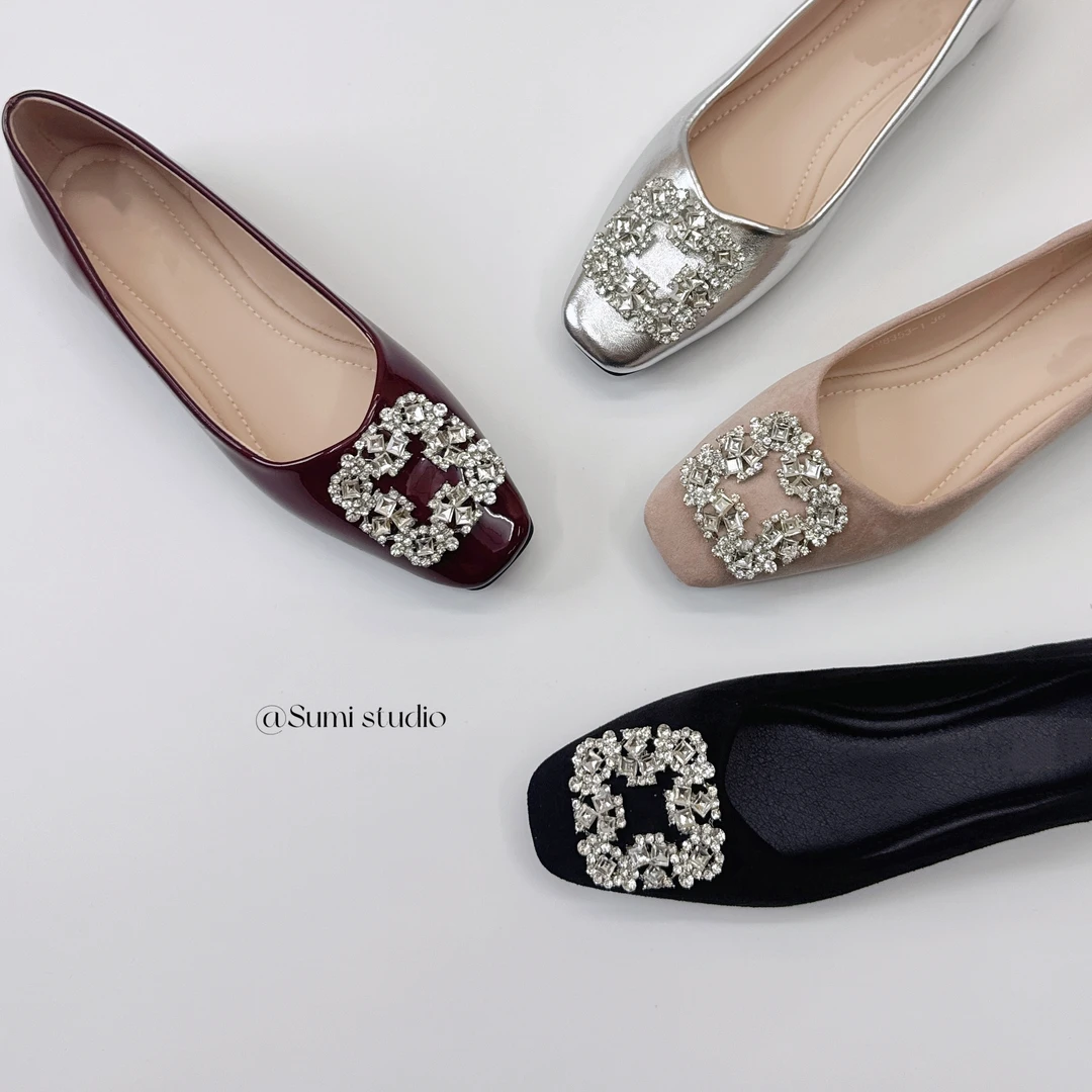 SUMI方头薄款经典水钻方扣隐形内增高单鞋软底小红鞋气质休闲女鞋