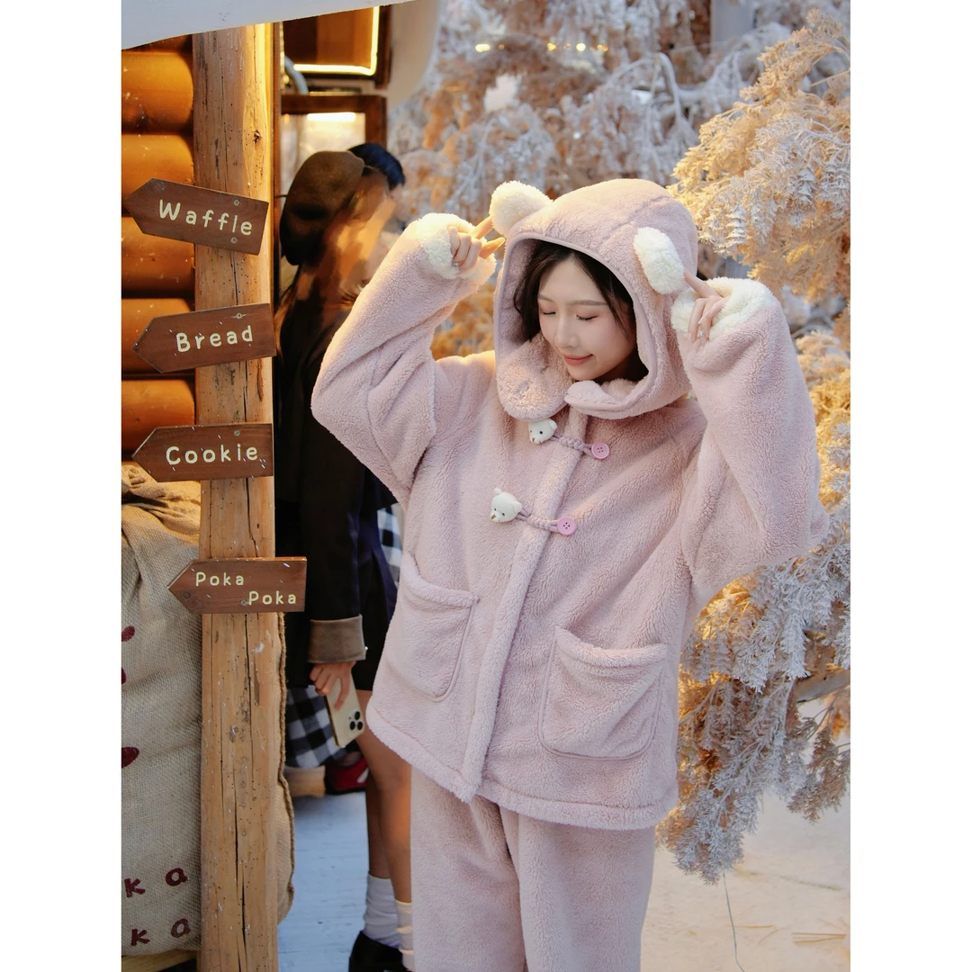 【樱花小熊】睡衣家居服秋冬款加厚加绒保暖女款可爱风学生两件套装